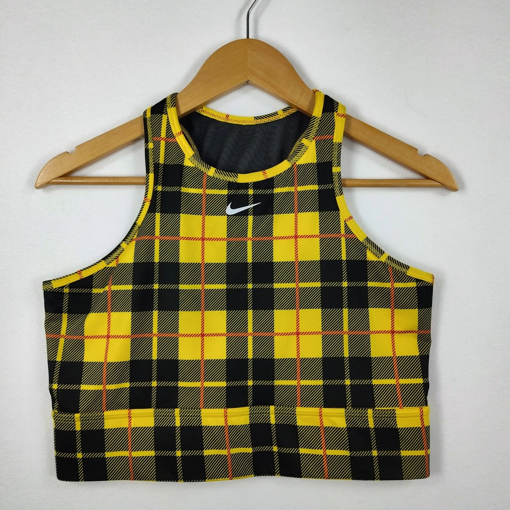 Nike Dri-FIT Women Yellow Black Plaid Mesh Racerback Sports Bra BV3911-703 XL